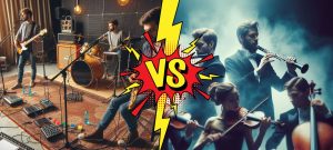 Illustration de la rencontre entre musique classique et musique pop, avec instruments traditionnels et modernes