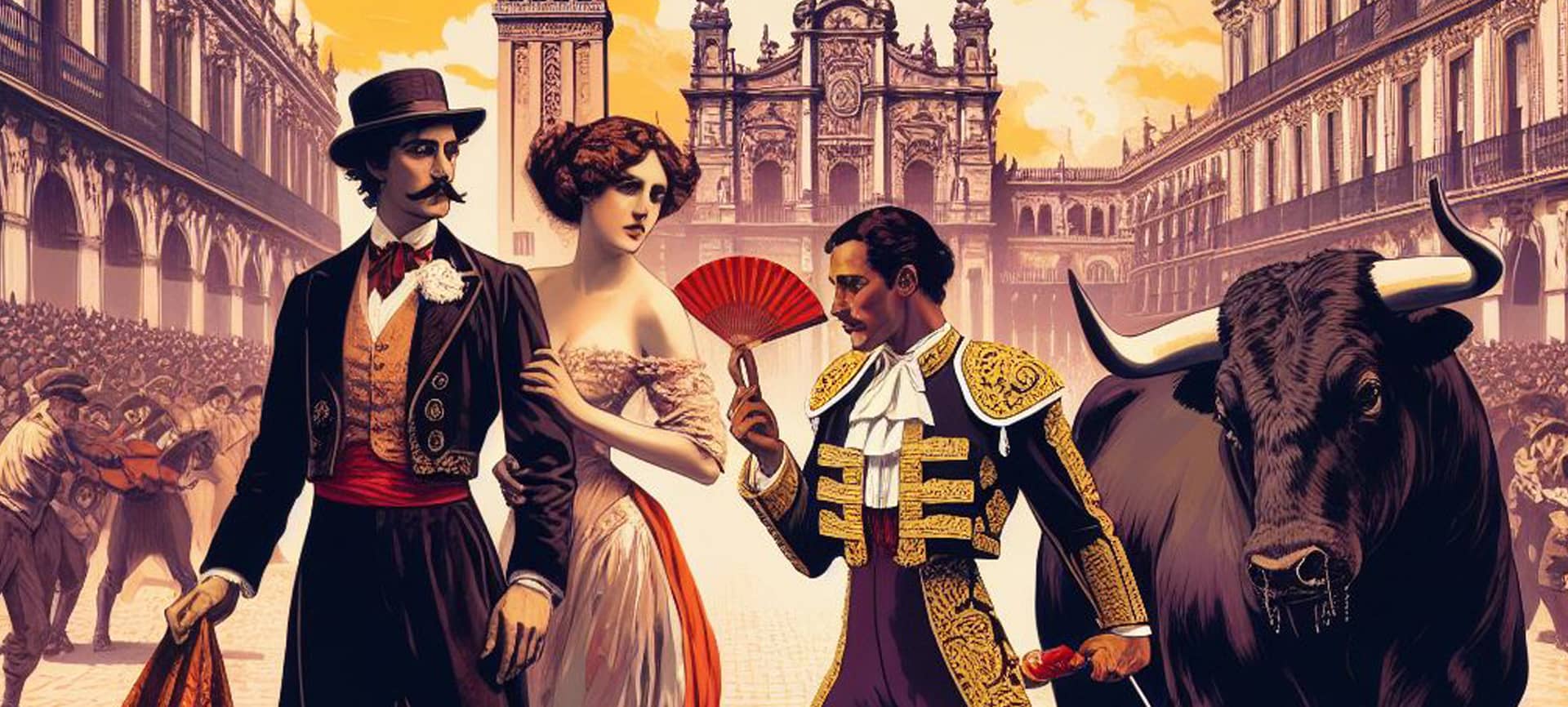 Scène de l’opéra Carmen de Bizet avec Carmen, Escamillo et Don José sur scène