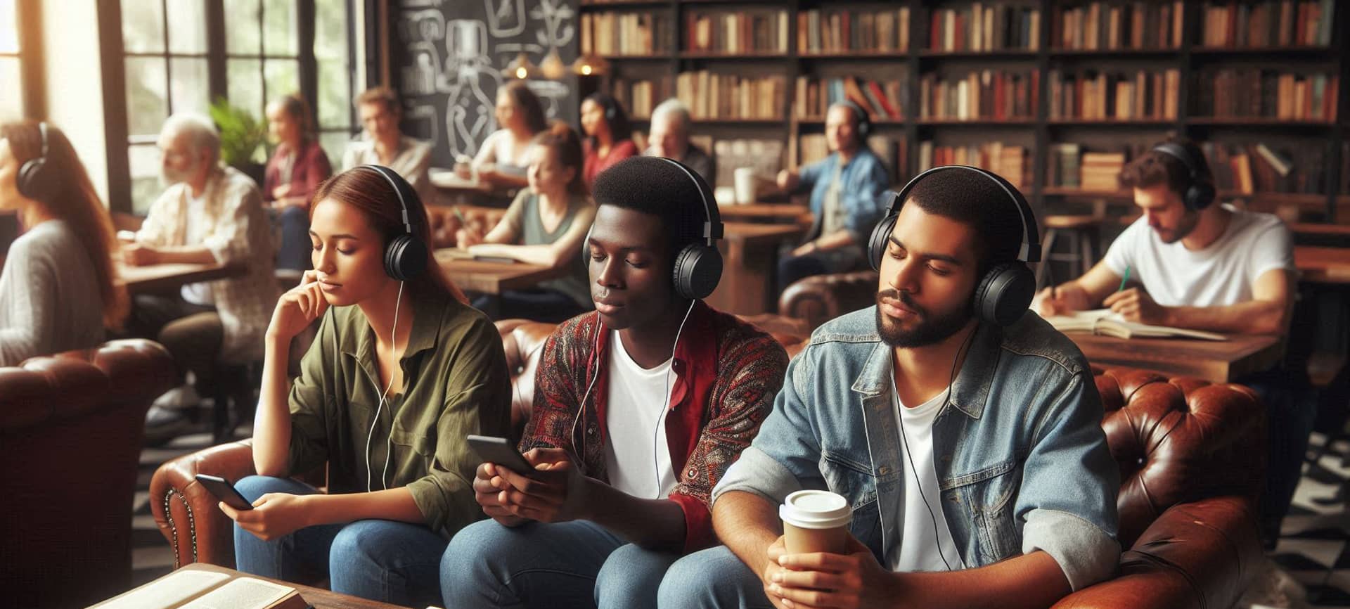 Personne écoutant de la musique classique avec un sourire et des écouteurs, dans une ambiance décontractée