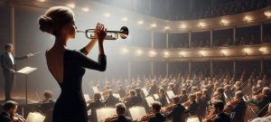 Illustration d’un soliste en pleine performance avec un orchestre, symbole du concerto classique.