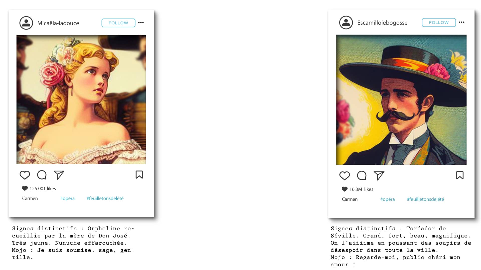 présentation des personnages principaux de Carmen : Micaela et Escamillo le toreador