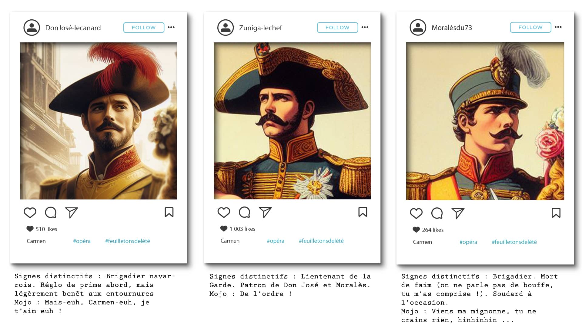 présentation des personnages principaux de Carmen : les soldats Don José, Zuniga et Moralès