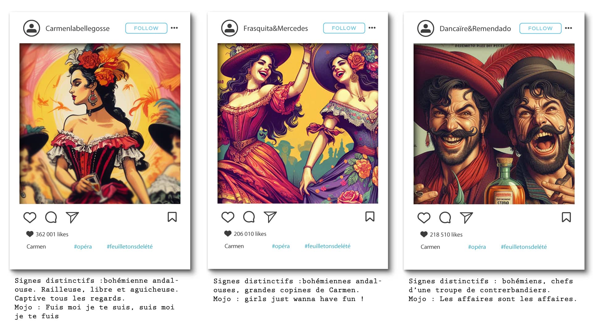 présentation des personnages principaux de Carmen : les bohémiens, Carmen, Frasquita et Mercedes, Dancaïre et Remendado